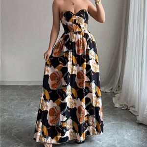 Women’s Floral Print Bustier Waist A-Line Pleated Vacation Elegant Dress